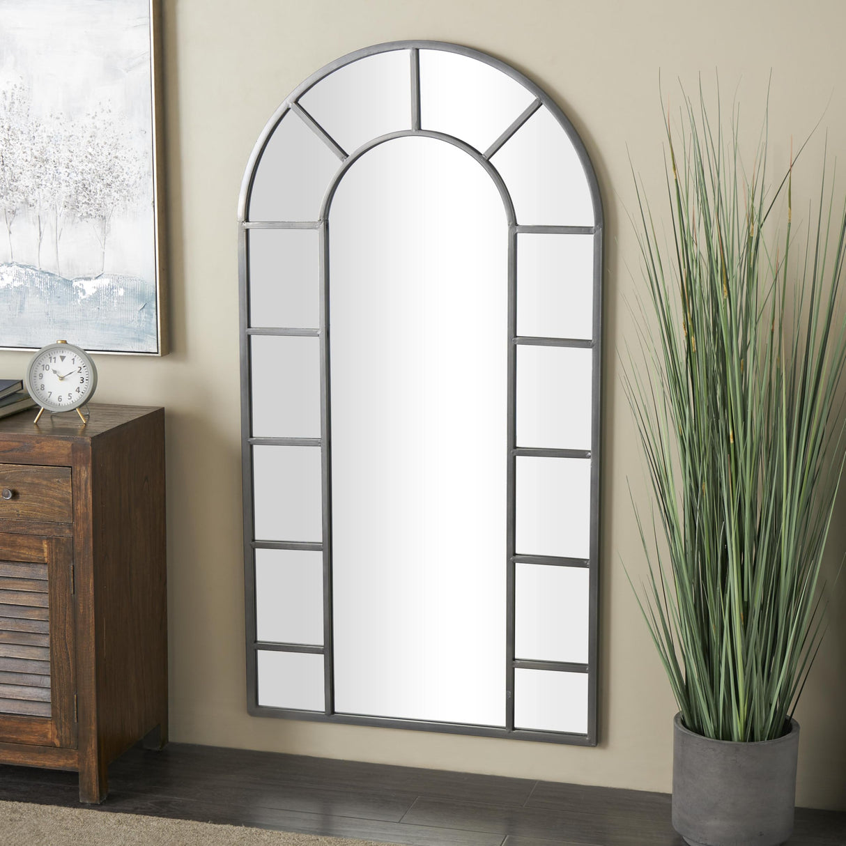 Metal Room Wall Mirror Window Pane Inspired Entryway Mirror with Arched Top