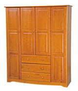 100% Solid Wood Family Wardrobe Closet/Armoire, Honey Pine. 3 Clothing Rods Included