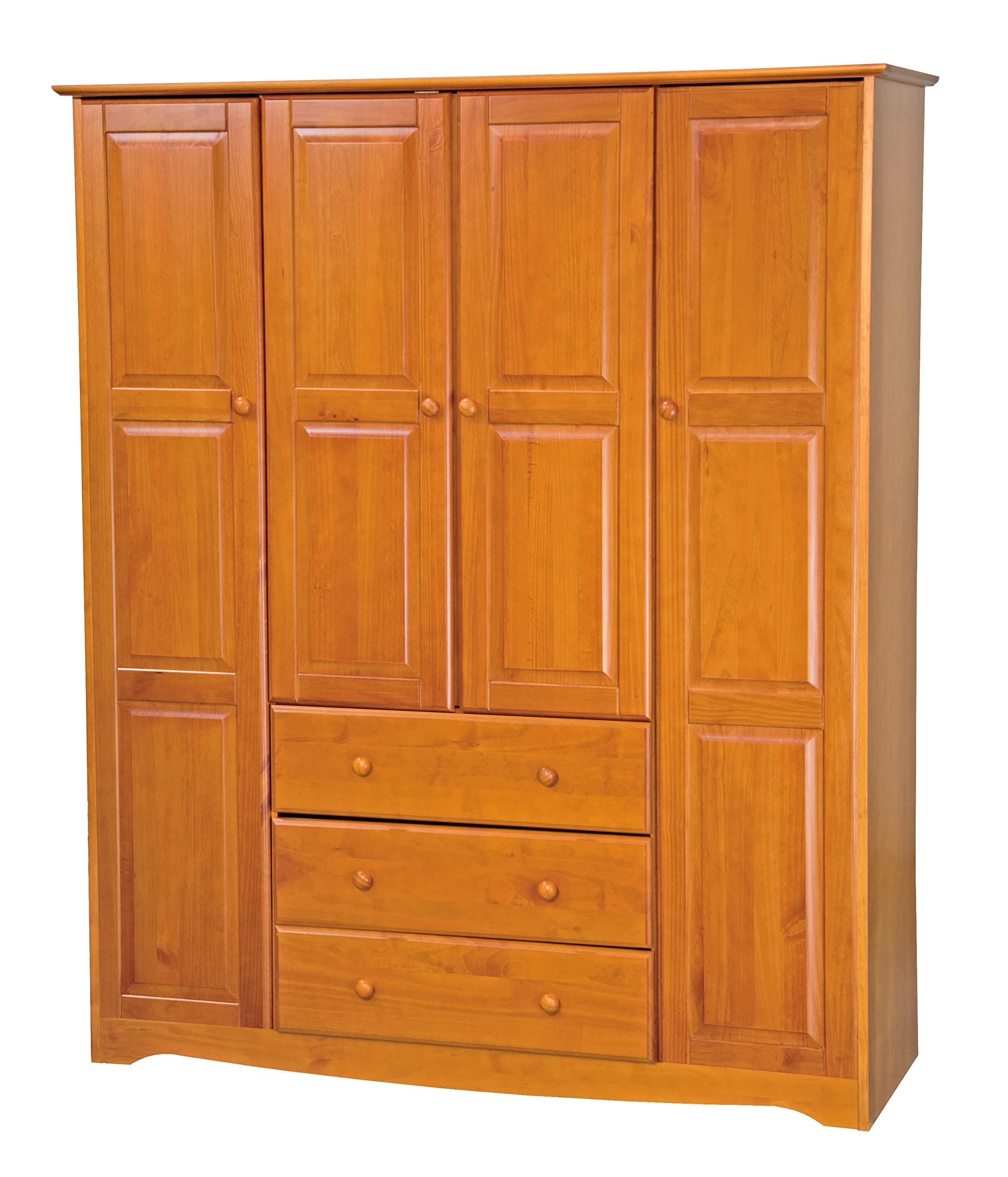 100% Solid Wood Family Wardrobe Closet/Armoire, Honey Pine. 3 Clothing Rods Included