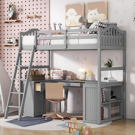 Twin Size Loft Bed with Desk, Wood Loft Bed Twin with Drawers, Cabinet, Shelves