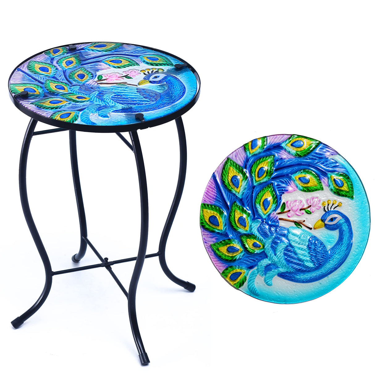 NewVees Peacock Patio Side Table, Small Patio Outdoor Side Table, Plant Table,Metal Glass End Table for Porch Garden Yard Pool.