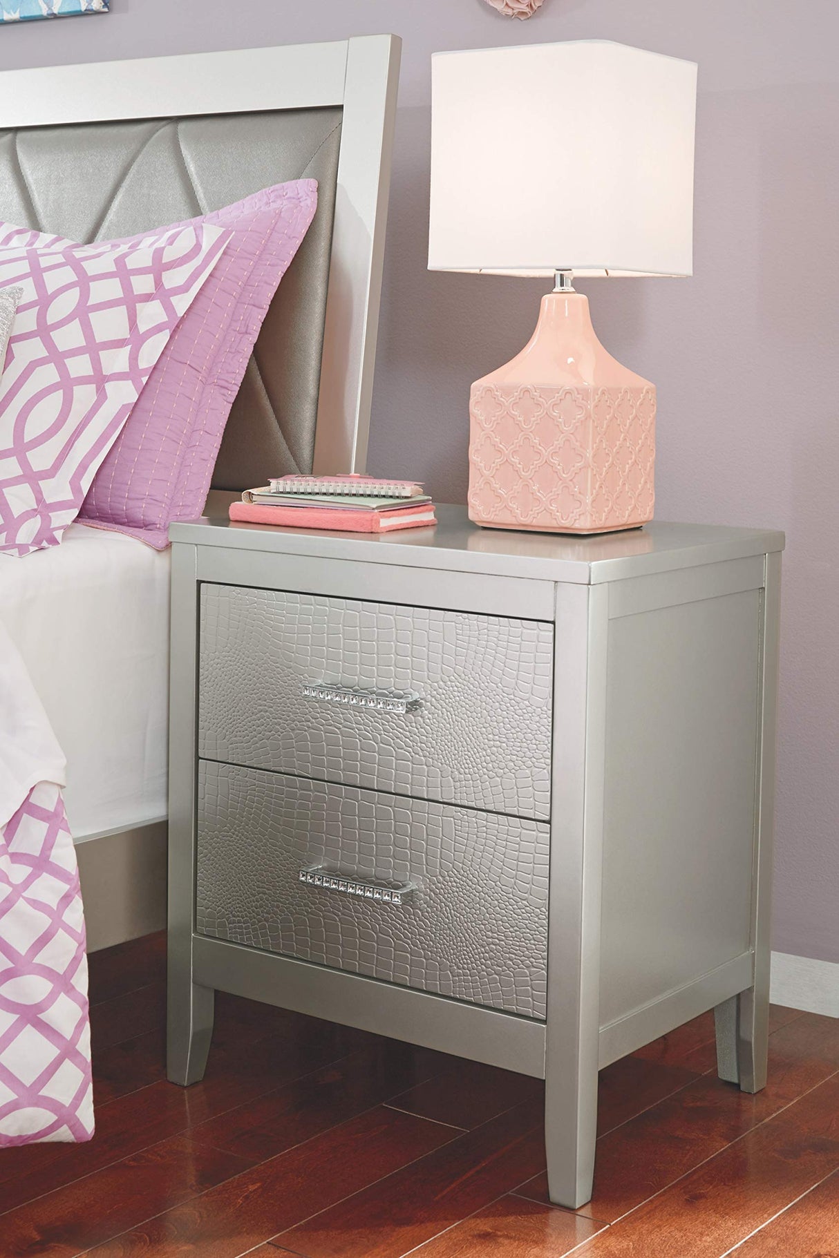 Olivet Glam 2 Drawer Nightstand with Faux Shagreen Drawer Fronts, Silver