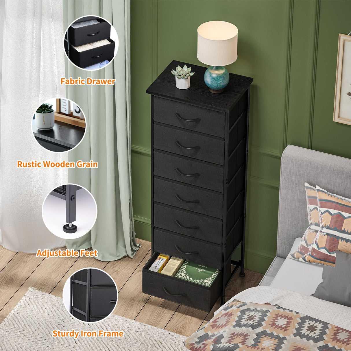 Black Tall Dresser for Bedroom, Storage Dresser Organizer with 7 Fabric Drawers,