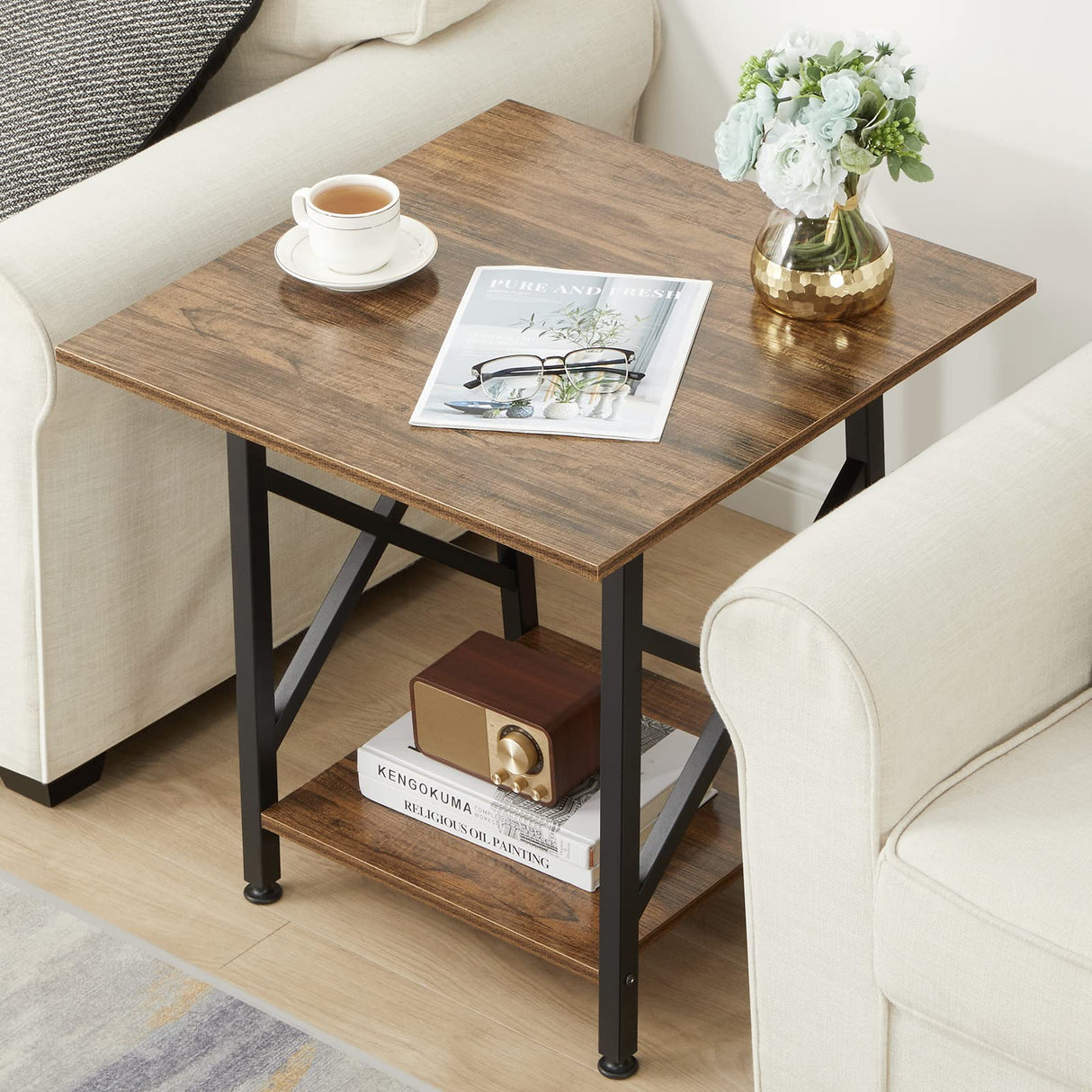 End Table 24 inch Industrial Design Side Table with Storage Shelf for Living Room