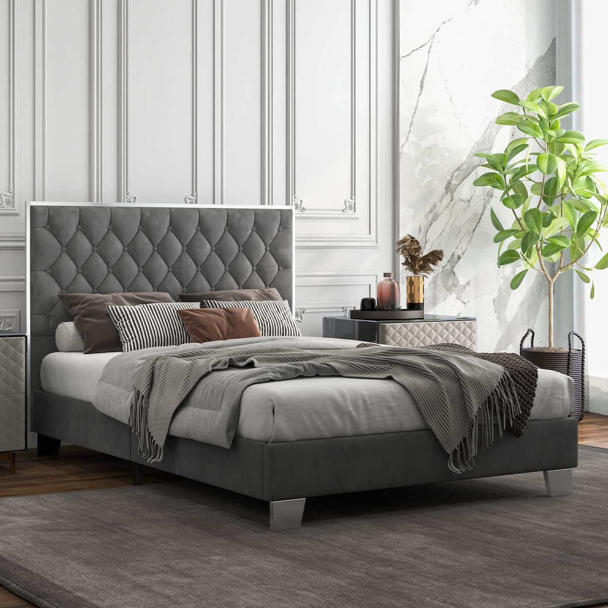 Upholstered Bed Frame, Modern Platform Bed w/Button Tufted Velvet Headboard,