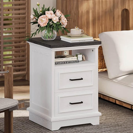 Farmhouse Nightstand with Storage Drawers and Open Shelf, Small End Tables Living Room,