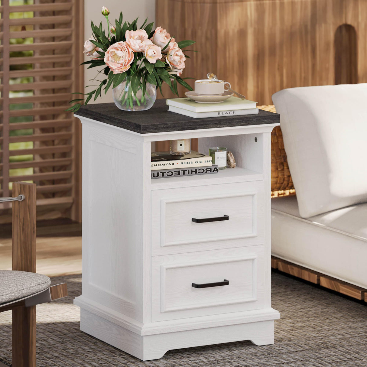 Farmhouse Nightstand with Storage Drawers and Open Shelf, Small End Tables Living Room,