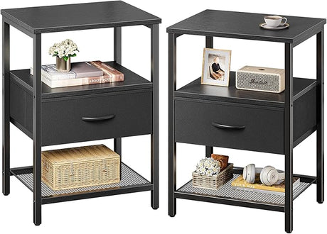 Night Stand with Fabric Drawer, Side Table with Mesh Shelf, Bedroom Nightstand