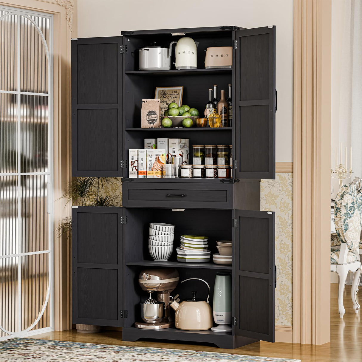 72" Tall Farmhouse Kitchen Pantry, Farmhouse Storage Cabinet with Adjustable Shelves, Large Capacity Storage Cabinet with Drawer,Freestanding Cupboard for Kitchen, Dining Room, Living Room, Black