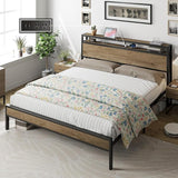 King Size Bed Frame Industrial Platform Bed with Charging Station, 2-Tier Storage