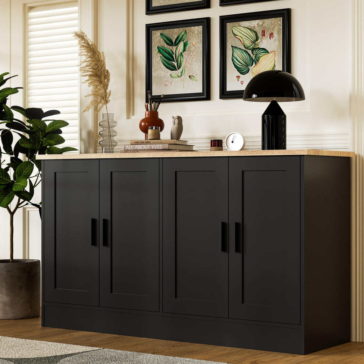 53.1“W Black 4 Door Buffet Cabinet, Coffee Bar Cabinet with Adjustable Shelf,