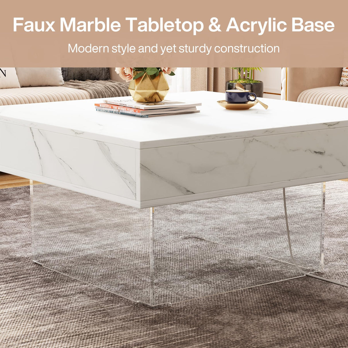 Square LED Coffee Table: Faux Marble White Coffee Table for Living Room