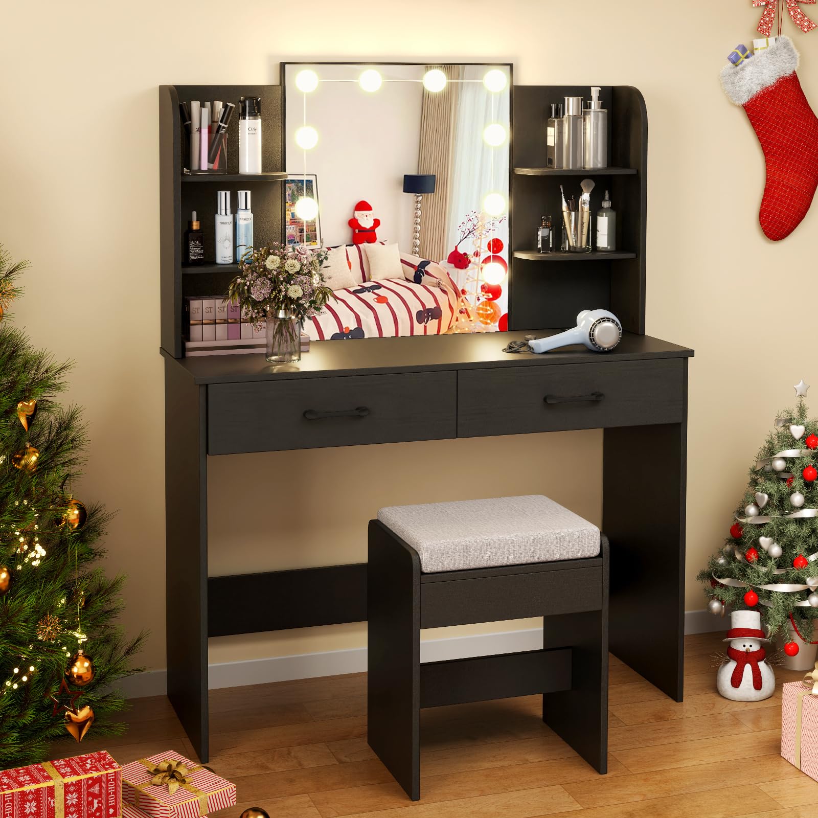 Makeup Vanity Desk with Lighted Mirror, Dressing Table & Stool Set with Charging Station, 3-Color Adjustable LED Lights, Drawers & Open Shelves for Bedroom (Black)