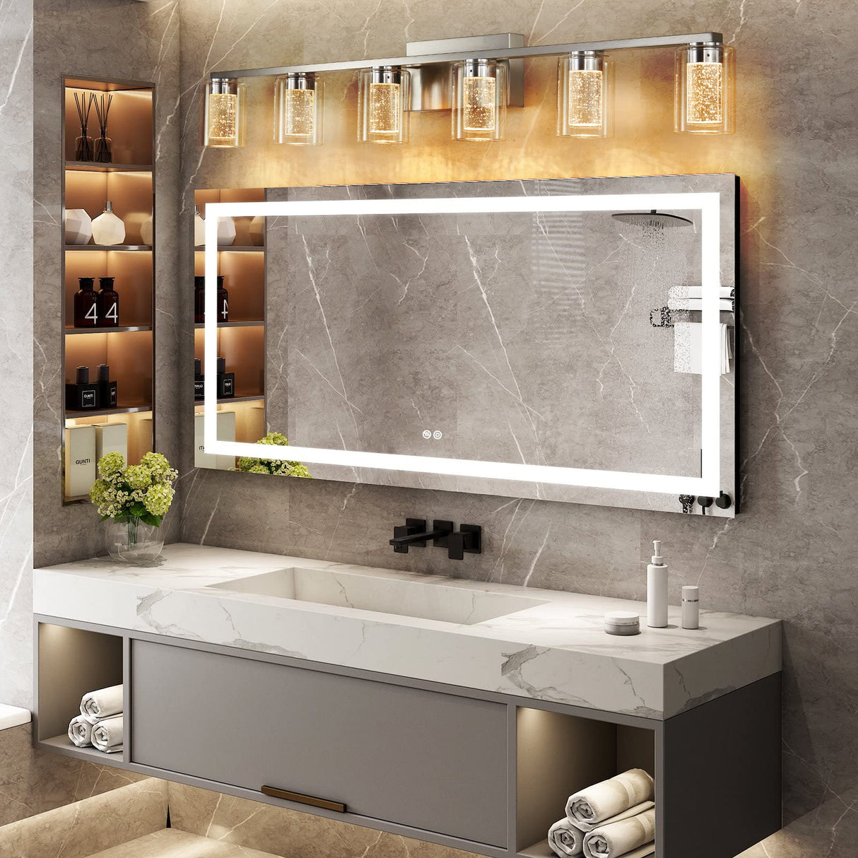 Brushed Nickel 6-Light Vanity Fixtures, Crystal Bubble Glass LED Sconces - Dimmable 3-Color (White/Neutral/Warm) for Bathroom, Hallway, Living Room