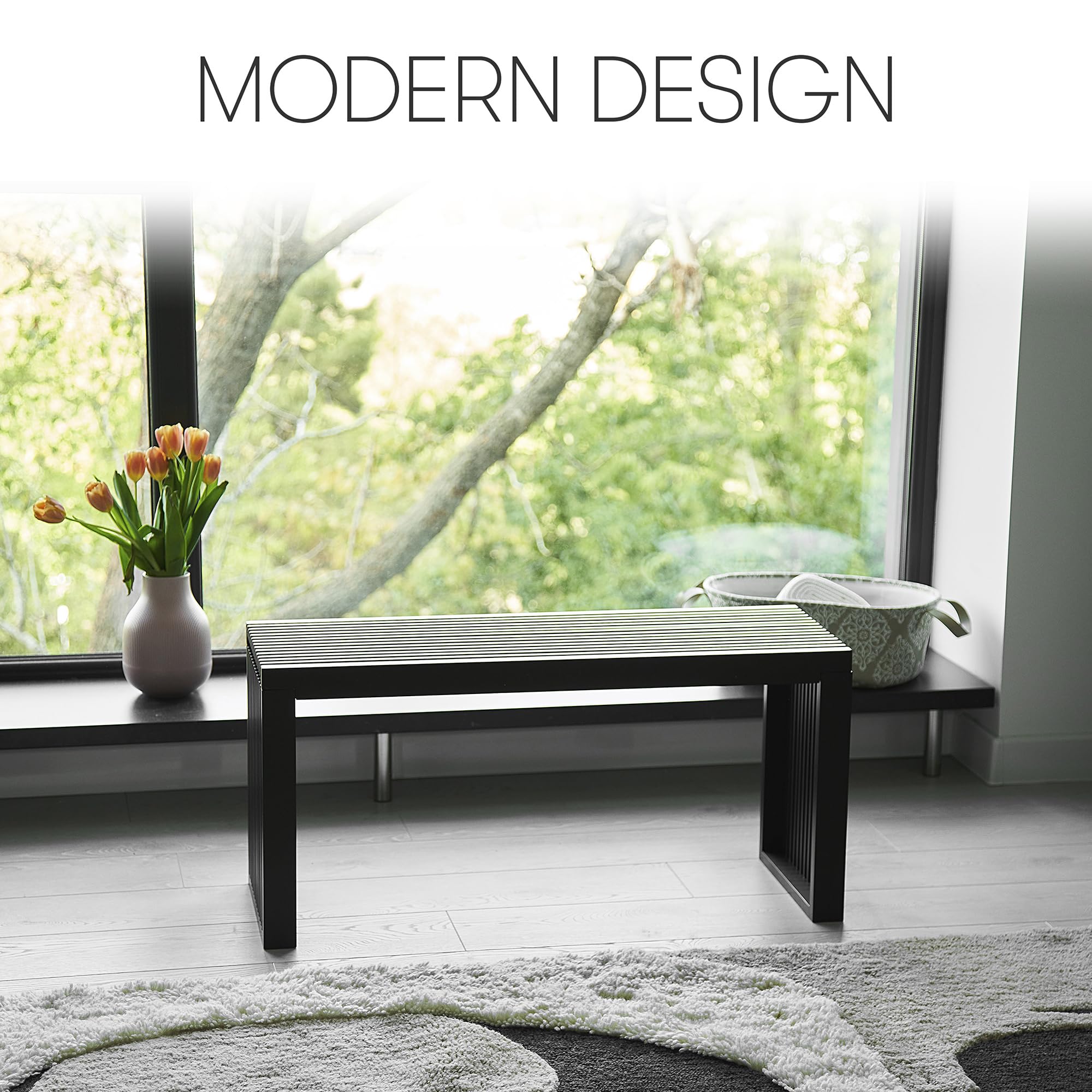 SWEVEN Dining Bench | Entryway Bench | Bedside Bench | Modern Indoor Wooden Storage Bench for Front Entry Way, Bedroom, Bathroom, Kitchen and More | Bamboo Wood Storage Bench