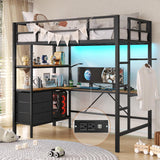 Twin Metal Loft Bed with L-Shaped Desk, LED Lights