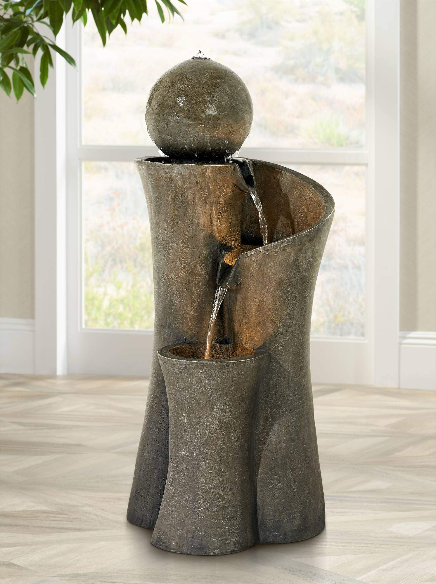 Modern Sphere Curve Zen Outdoor Floor Bubbler Water Fountain 39 1/2" High with LED Light