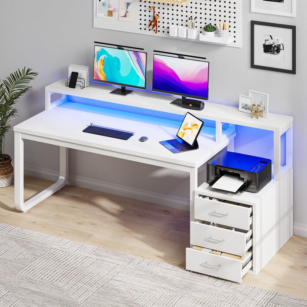 White Desk with 3 Drawers, 67 Inch White Computer Desk with Long Hutch, Home Office