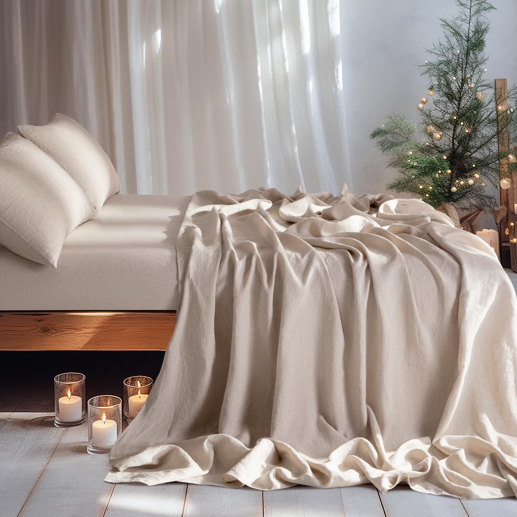 LBR02M 100% Linen Sheet Set King Size,Bed Sheets 4 Piece Sets, Solid Color Natural Flax Bed Sheets Soft Breathable Bedding,16" Deep Pocket,All Season (King, Linen)