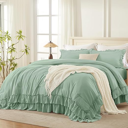 = White Comforter Set Queen Size, Lightweight Fluffy Farmhouse White Ruffle=