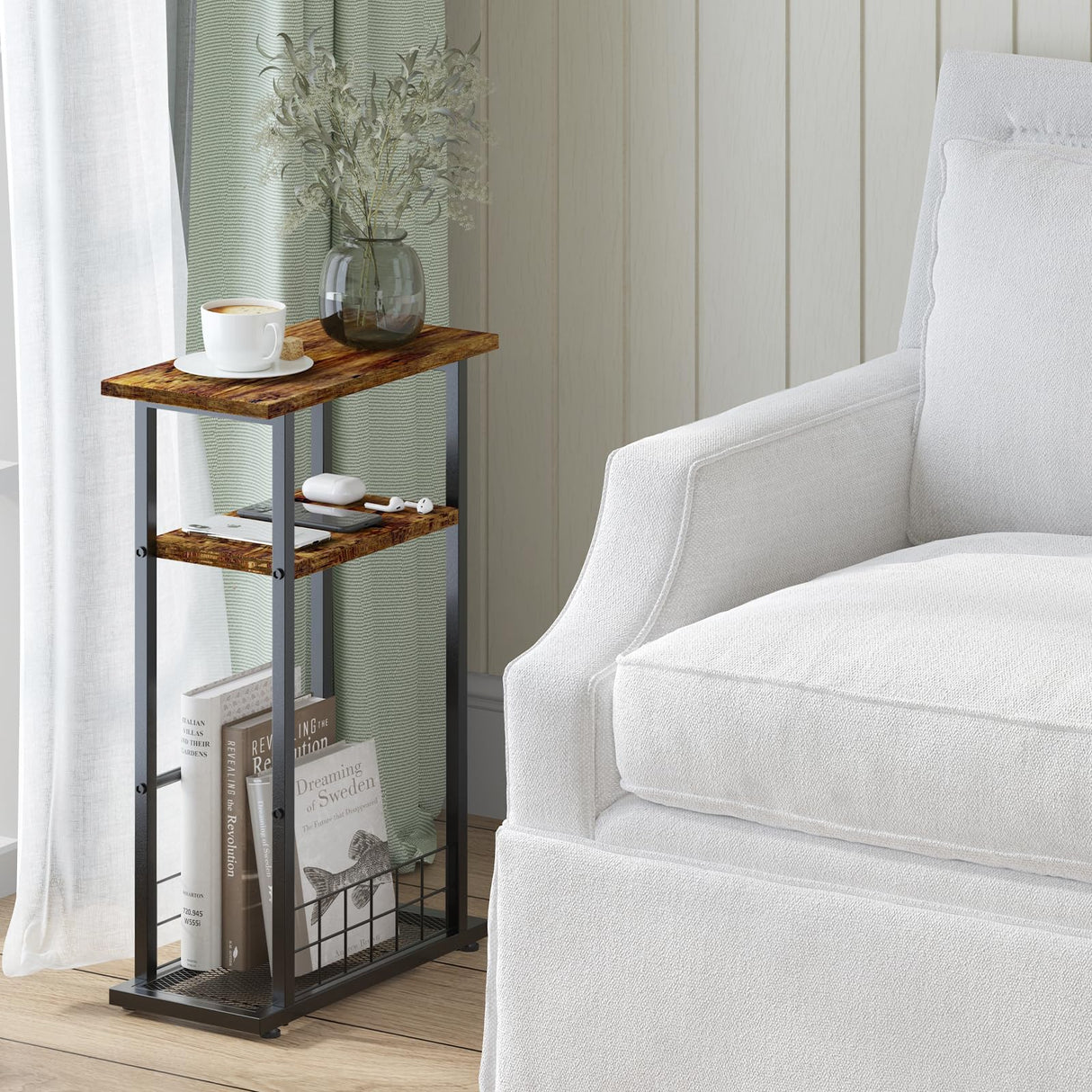 Small Narrow Side Table, Skinny End Table for Small Spaces, Narrow End Table