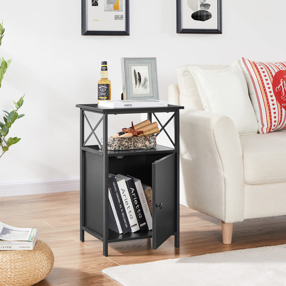 Black End Side Table, Modern Night Stand with Storage Space and Door,Set