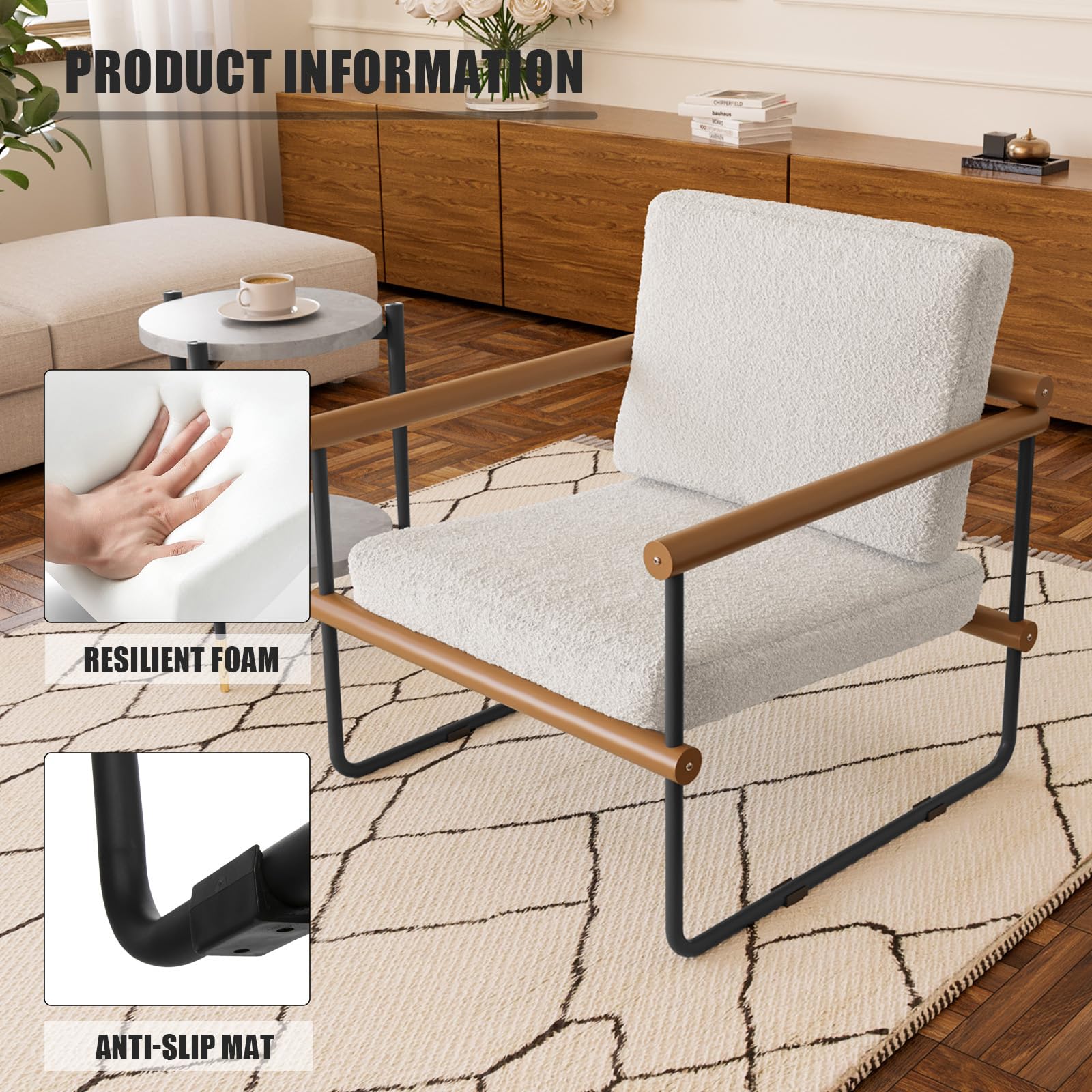 2/1PC Boucle Fabric Accent Chair with Round Side Tabel,Set of 3,Modern Tufted Single Sofa