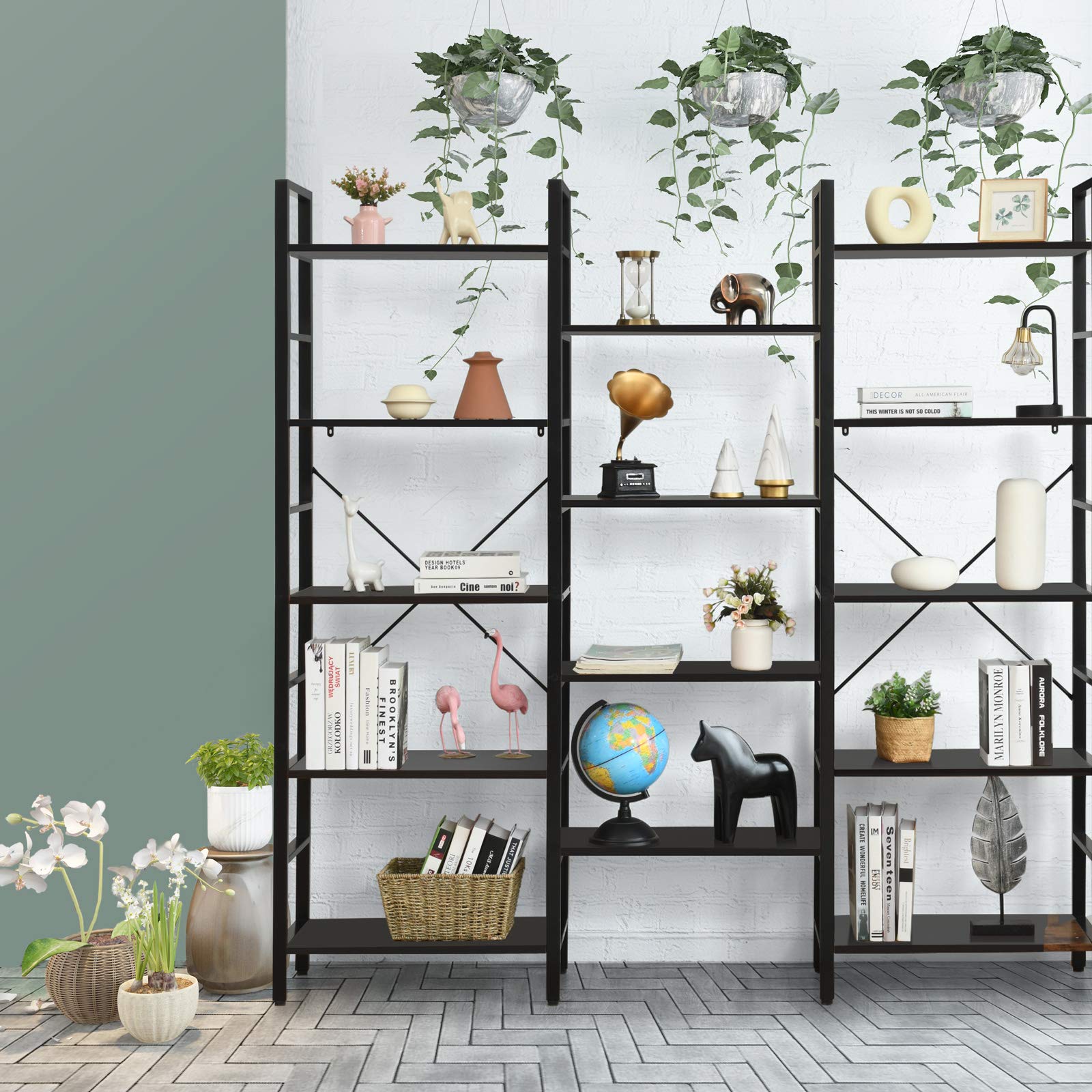 Triple Wide 5-Tier Bookcase, Large Open Bookshelf, Display & Storage Shelf, Vintage Industrial Style Shelves with Metal Frame, Bookcase Furniture for Living Room, Study, Office (Black)