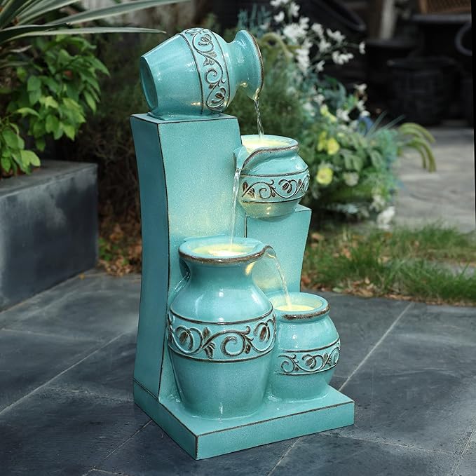 30" Tall Aqua Blue Outdoor Water Fountain with LED Lights, Cascading Resin Garden