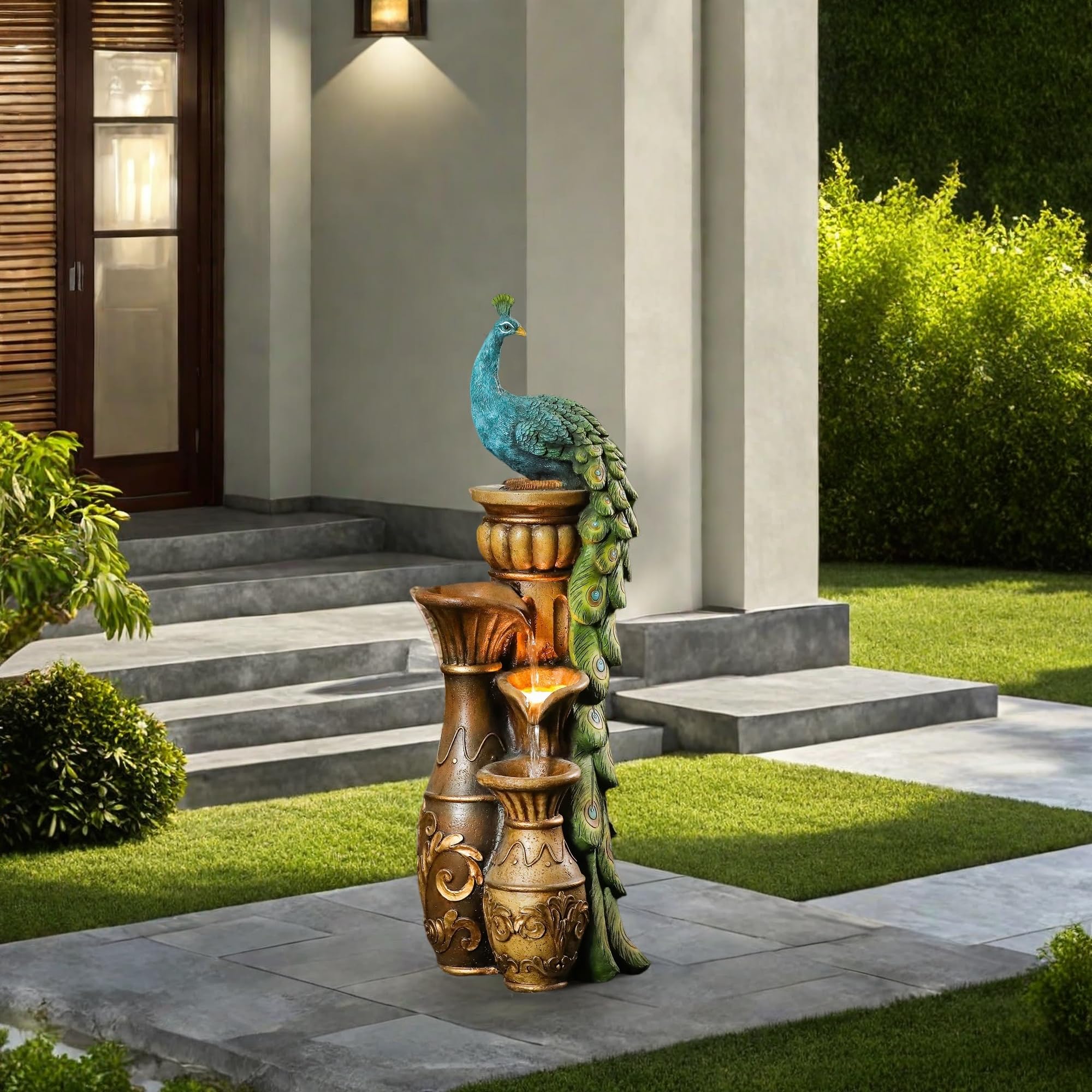 Outdoor Water Fountain, 44 Inch Resin Peacock Water Fountain Outdoor with Urns and LED Light