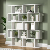 White 5-Tier Geometric Bookcase, S-Shaped Modern Bookshelf Set of 2, 62.6" Tall Room