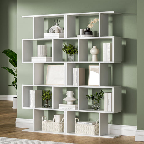 White 5-Tier Geometric Bookcase, S-Shaped Modern Bookshelf Set of 2, 62.6" Tall Room