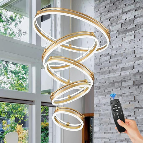 10-Rings Modern LED Chandelier Black Gold Large Dimmable Remote Chandeliers Lighting for Foyer,