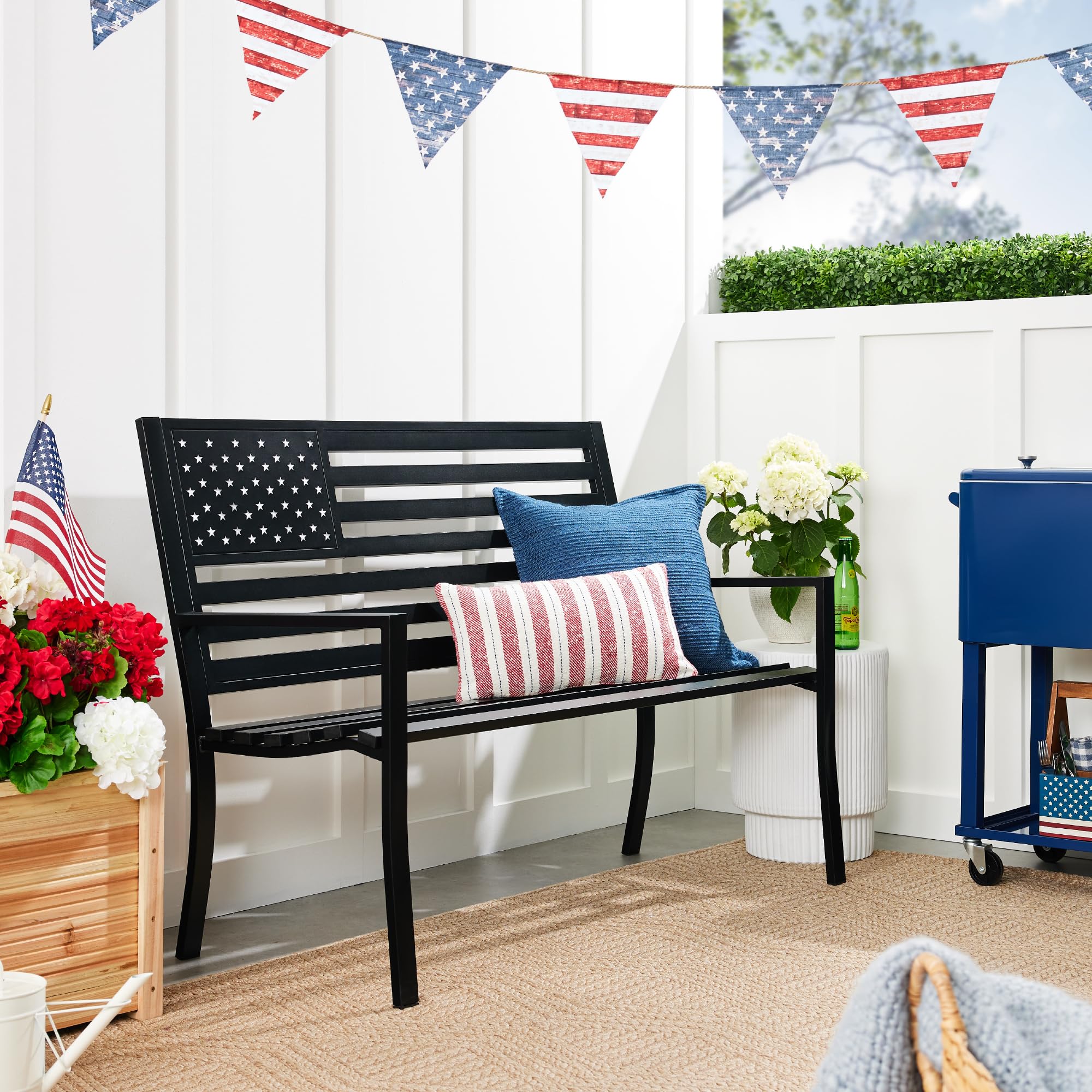 Best Choice Products Outdoor Bench 2-Person Steel Indoor/Outdoor Bench for Garden, Patio, Porch, Entryway w/American Flag, 790lb Capacity – Black