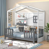 Bed Frame, Kids Low Loft Bed Frame with Roof, Side Windows & Ladder, Wooden Slatted