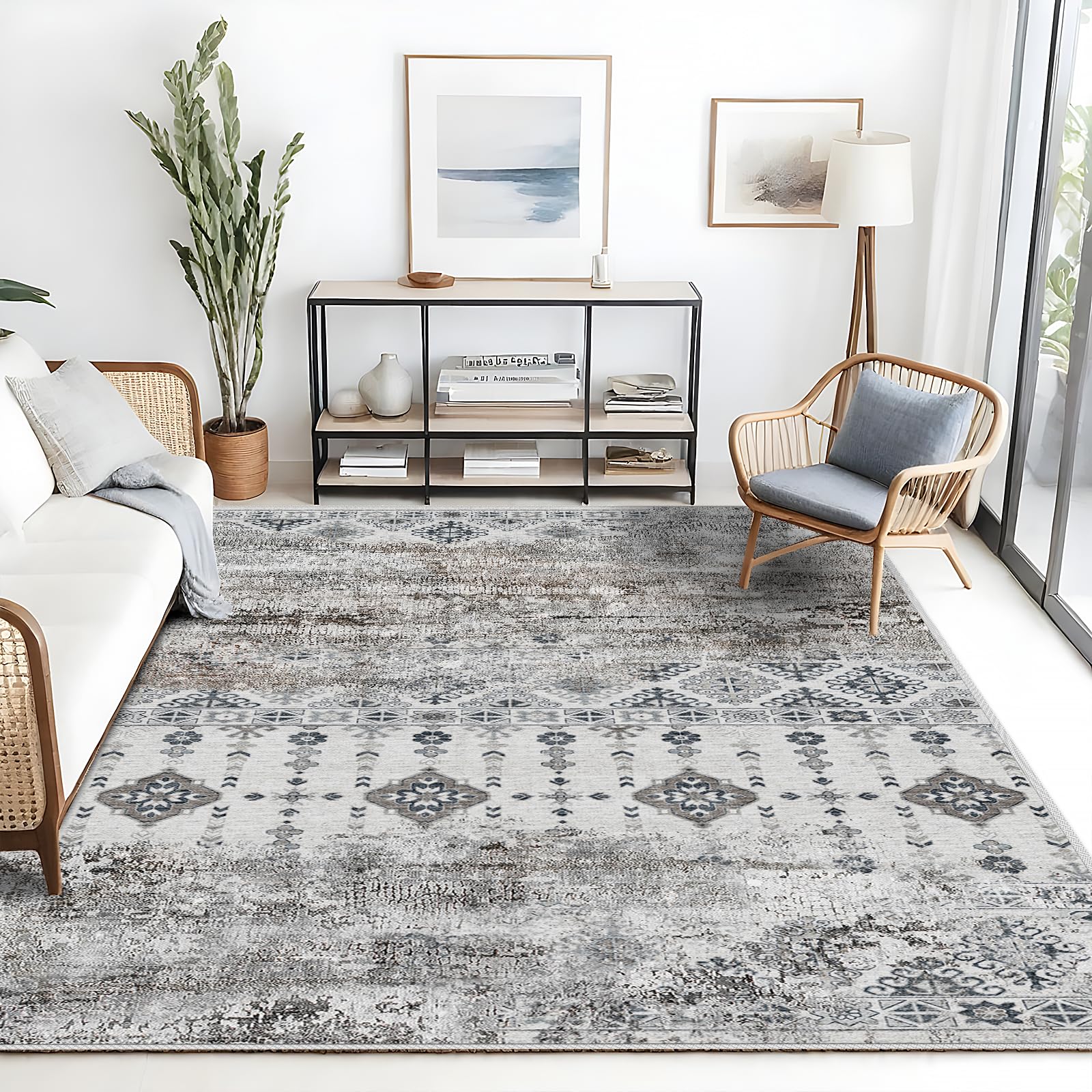 Abstract 8x10 Area Rug: Retro Soft Washable Non-Slip Neutral Area Rugs for Living Room