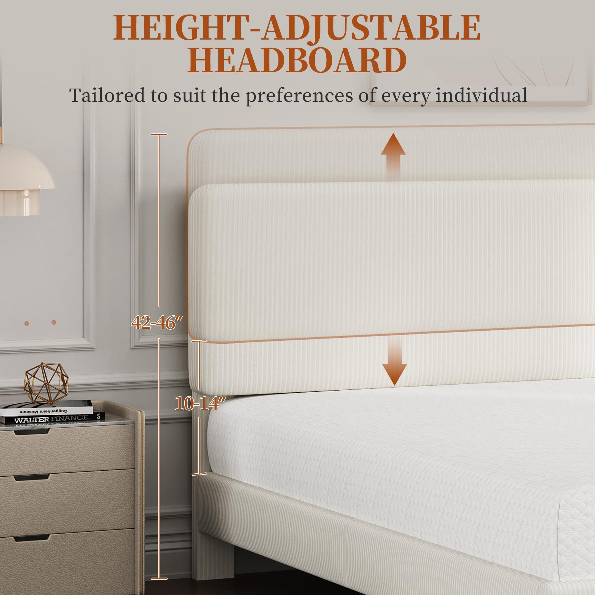 Queen Bed Frame with Adjustable Chenille Upholstered Headboard