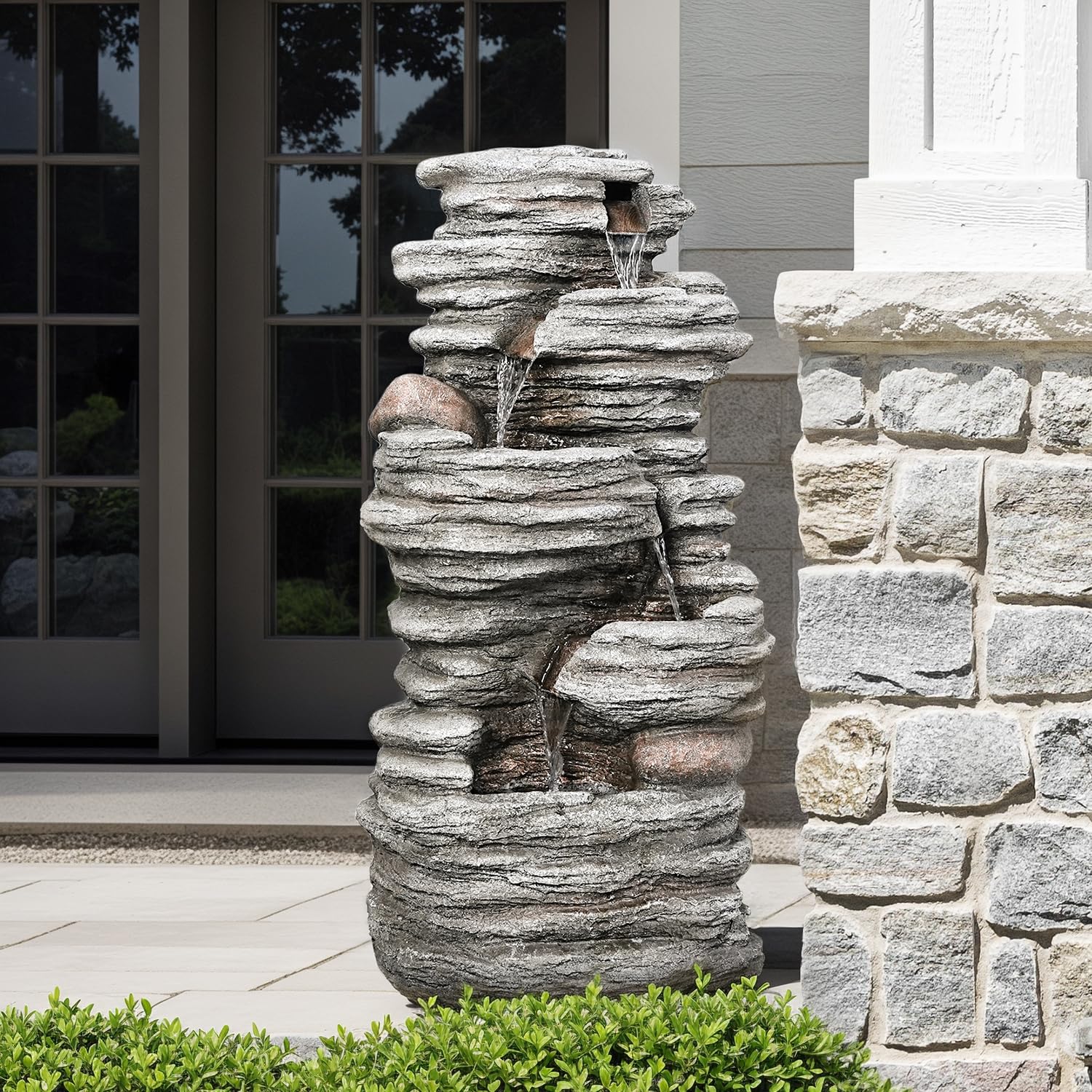 Water Fountain with LED Lights - 5-Tier Cascading Rock Waterfall Fountain, Natural Rock Look, Ideal for Garden, Landscaping, Patio, Balconies and Yard Decor
