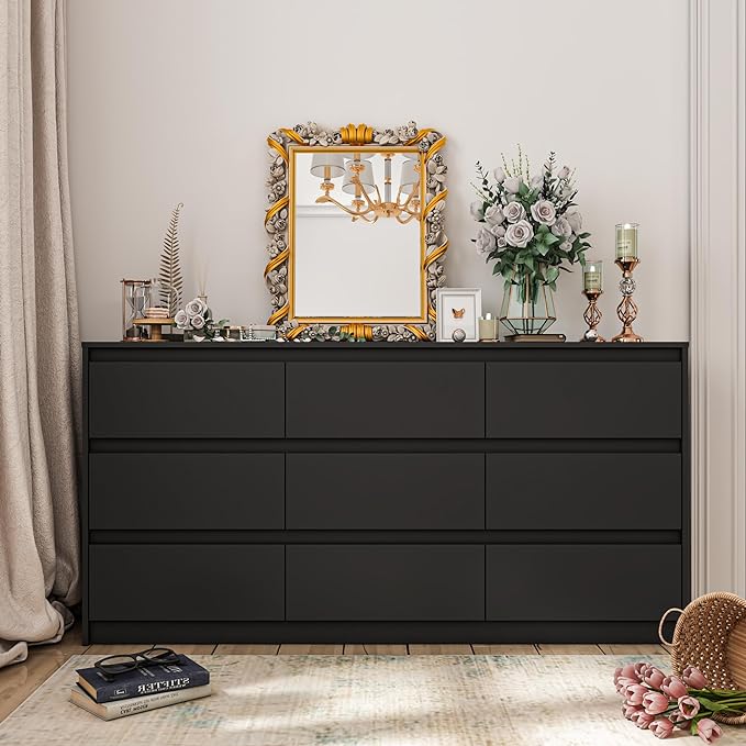 9 Drawers Double Dresser, Modern Wood Dresser Chest of Drawers