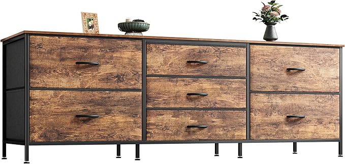 Dresser for Bedroom, 55 Inch Dresser TV Stand for 43, 55, 60 Inch TV, Long Dresser, Fabric Dresser, TV Stand with 7 Drawers, Storage Dresser for Closet, Clothing, Rustic Brown