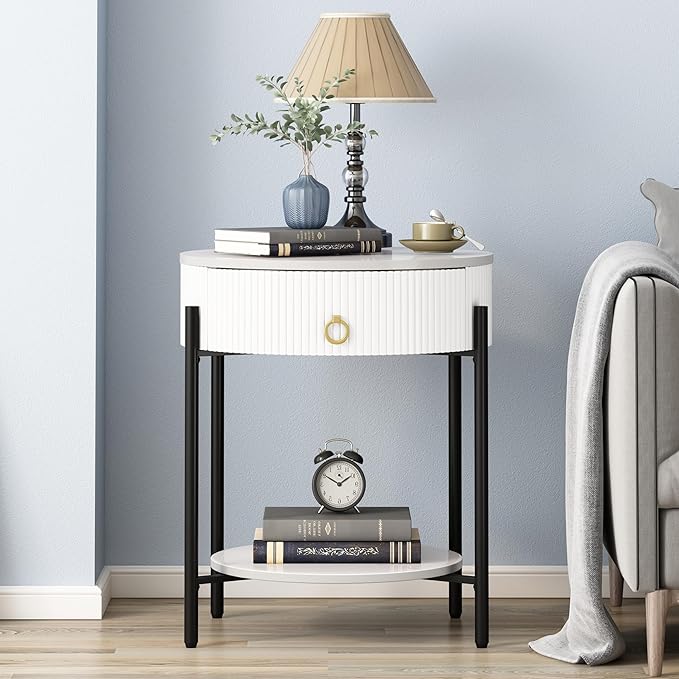 Round Side Table with Drawer, Modern Nightstand with Shelf and Chrome