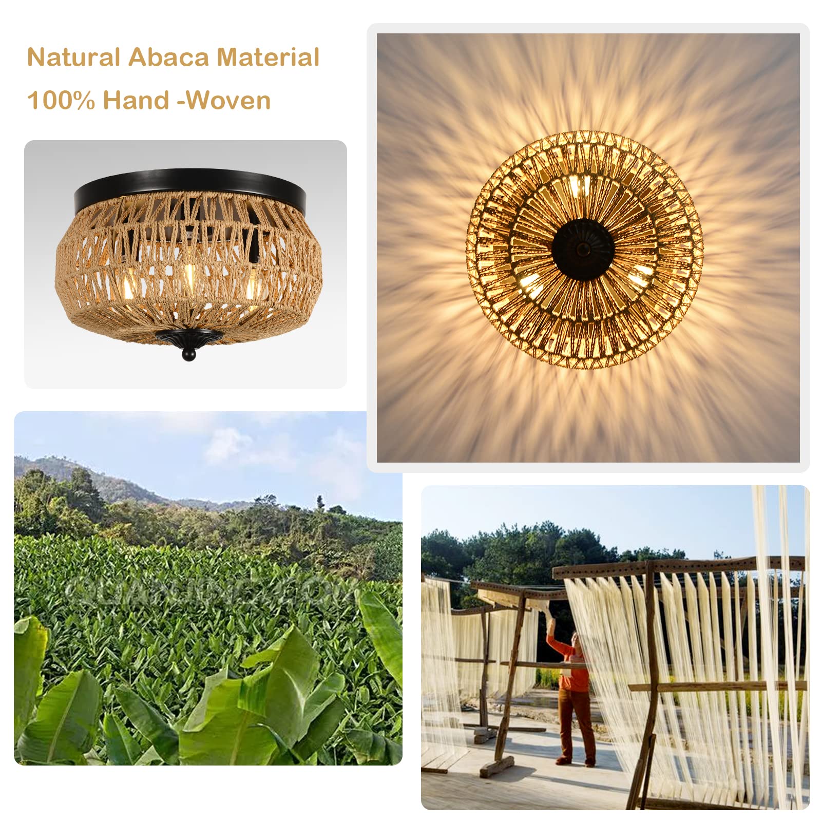 Woven Rattan Flush Mount Ceiling Light Fixture with Hand-Worked Cage Shade