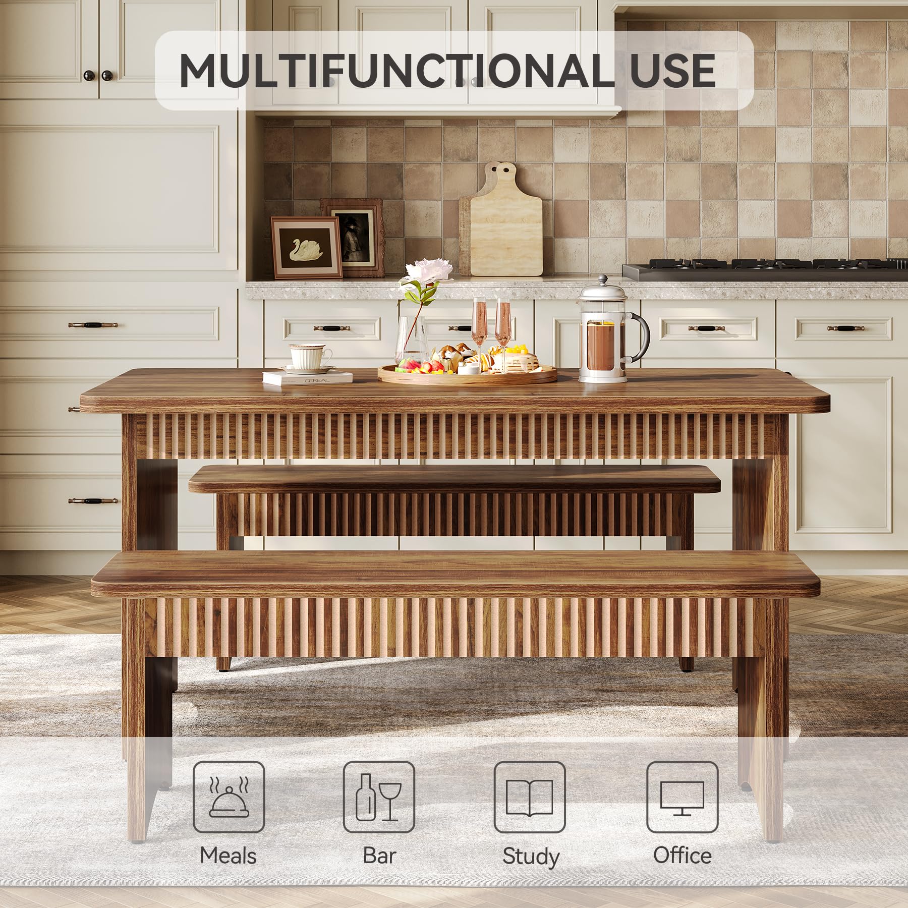 55" Farmhouse Dining Table Set with 2 Benches