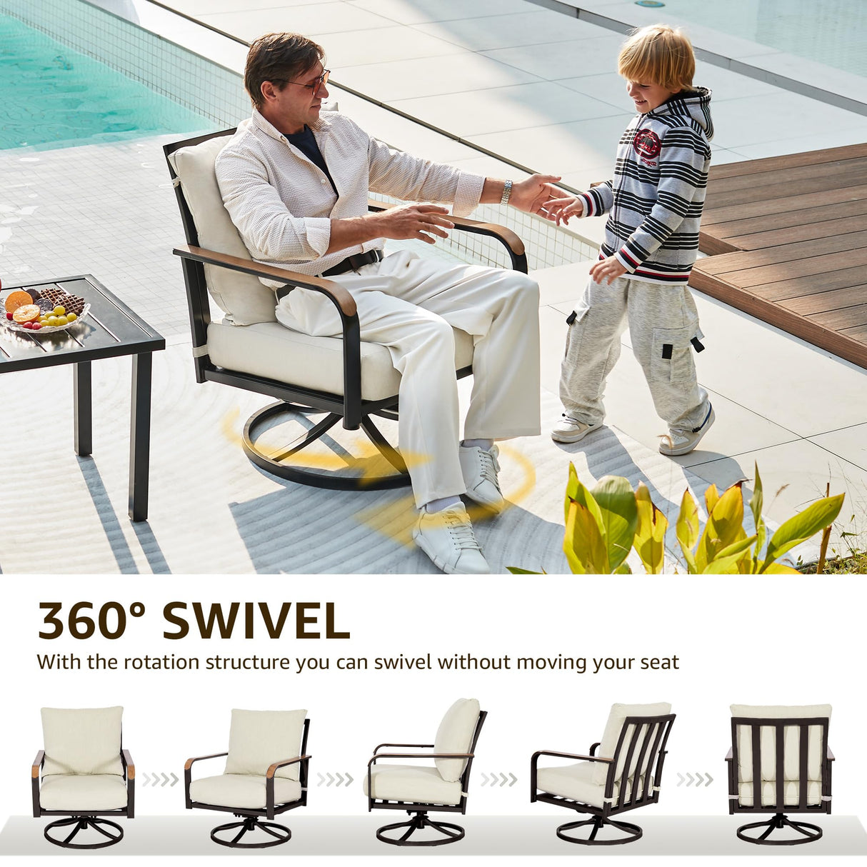 NATURAL EXPRESSIONS Outdoor Bistro Set, 3 Piece Swivel Glider Rocking Chairs Patio Conversation Furniture Set with 2 Rockers, 1 Metal Table and 6" Thick Cushions for Backyard, Porch, Balcony, 350lbs.