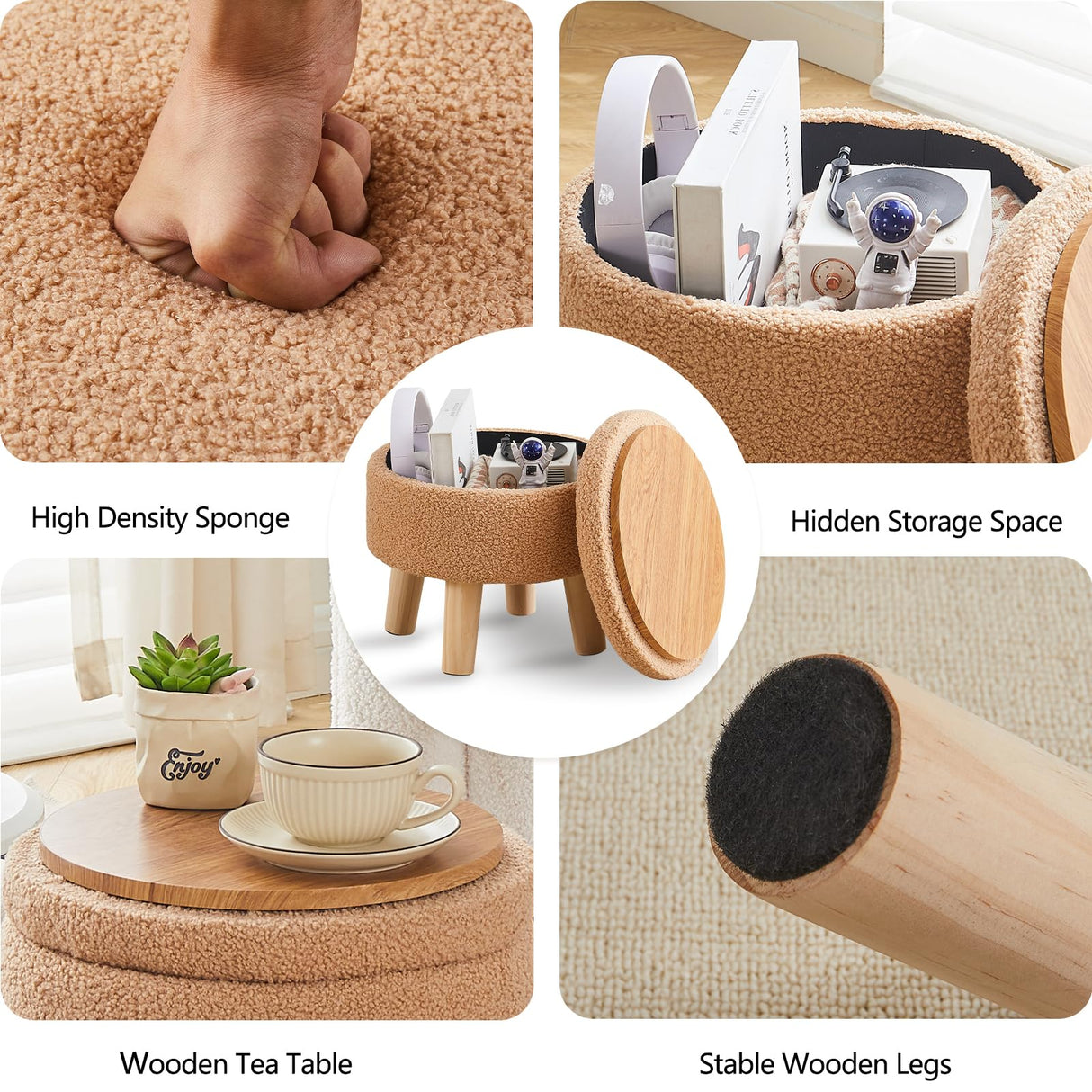 Storage Ottoman, Modern Round Footrest with Soft Padded Seat