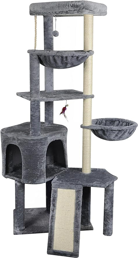 Three Layer Cat Tree with Cat Condo and Two Hammocks,Grey