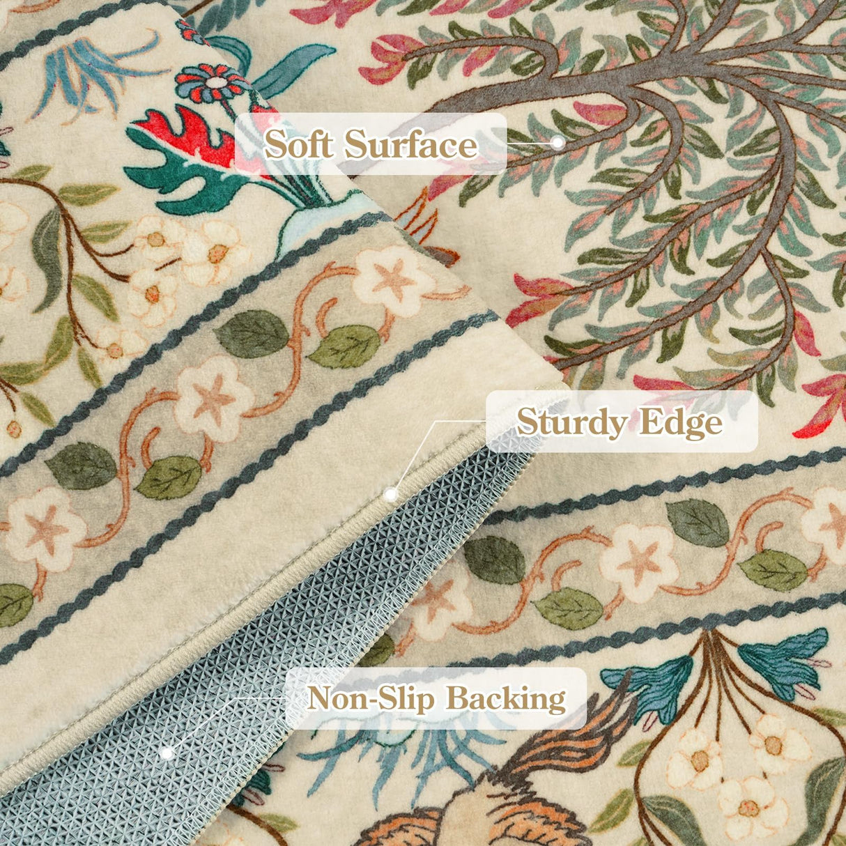 8x10 Washable Area Rug - Beige Botanical Print