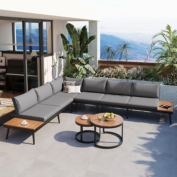 6-Piece Outdoor Sectional Sofa Set with Round Nesting Coffee Tables and Seating Sofa