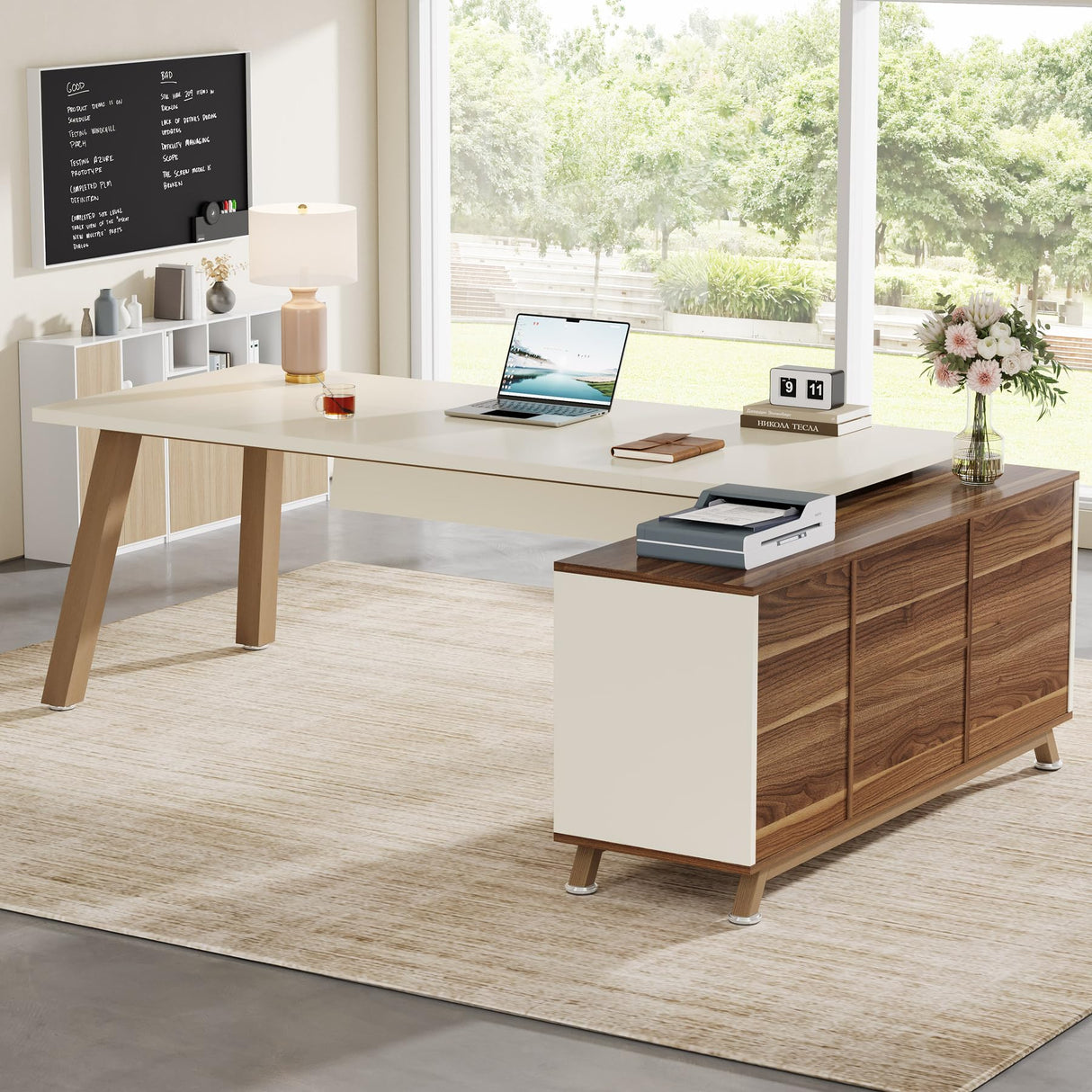 71-Inch Executive Desk, L-Shaped Desk with 55-Inch Cabinet, Large Office Desk