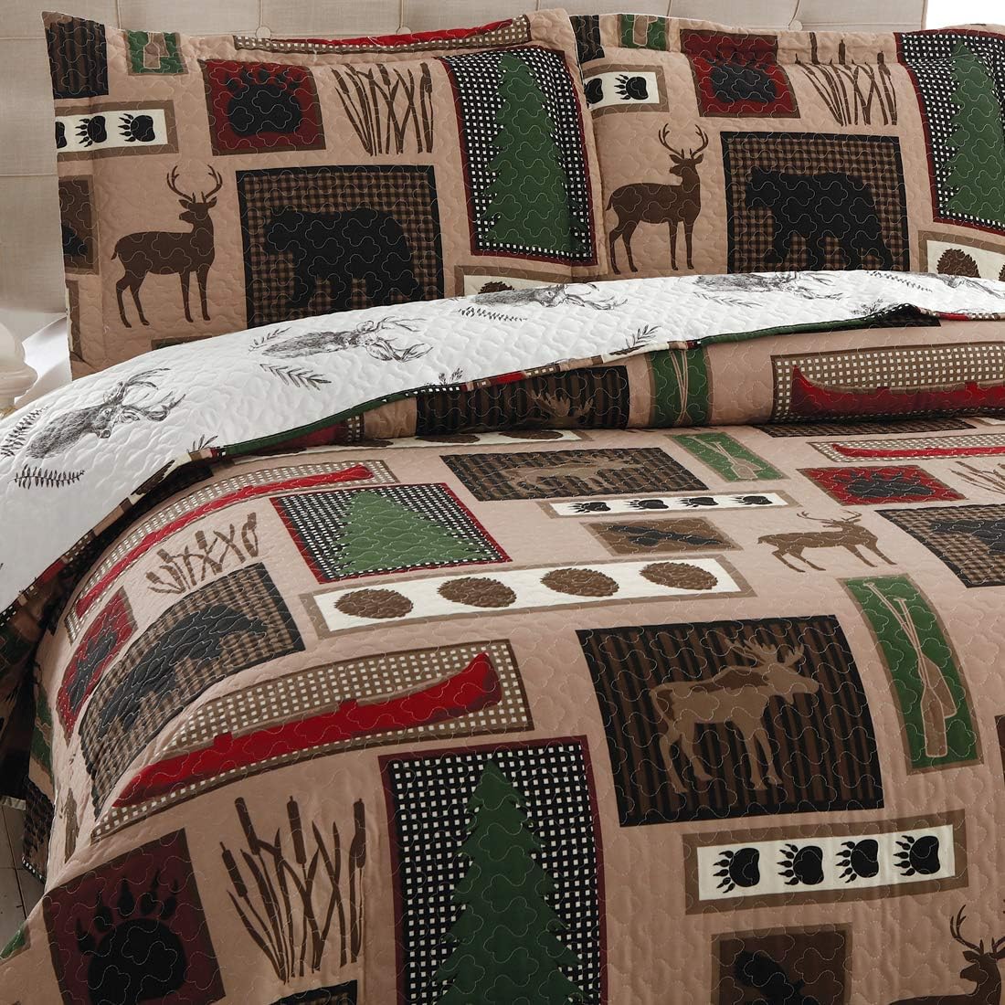 Home Rustic Bedding Lodge Moose Bear Quilt Set Full/Queen Size,3 Pcs Lightweight